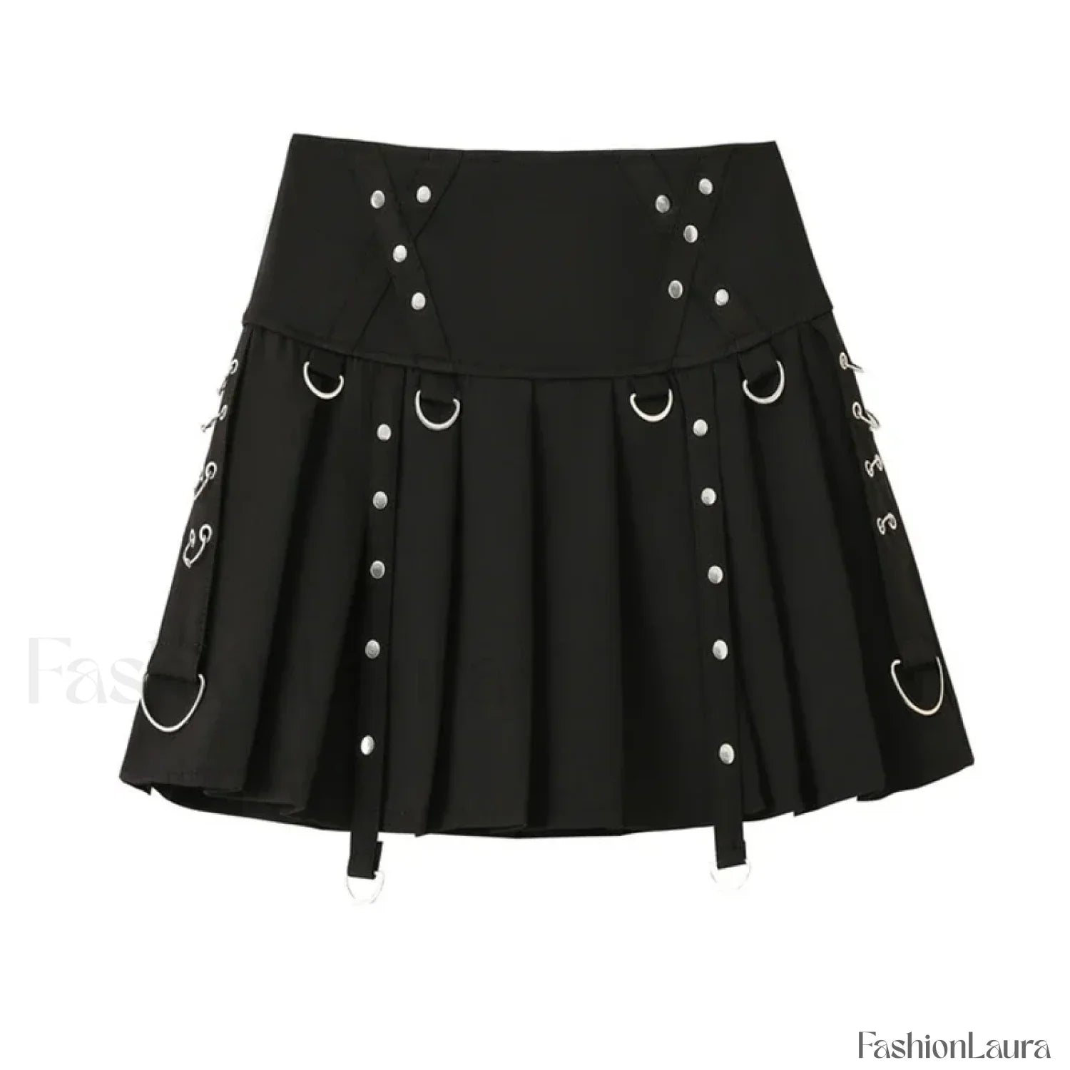 Gothic Harajuku Short Pleated Skirt with Rivet Metal Buckles and Streamer Low Waist Style BLACK / S