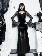 Gothic Mermaid Bodycon Long Maxi Fishtail Sleeve Lace Cocktail Ruched Dress Black / S