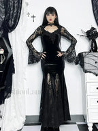 Gothic Mermaid Bodycon Long Maxi Fishtail Sleeve Lace Cocktail Ruched Dress Black / S