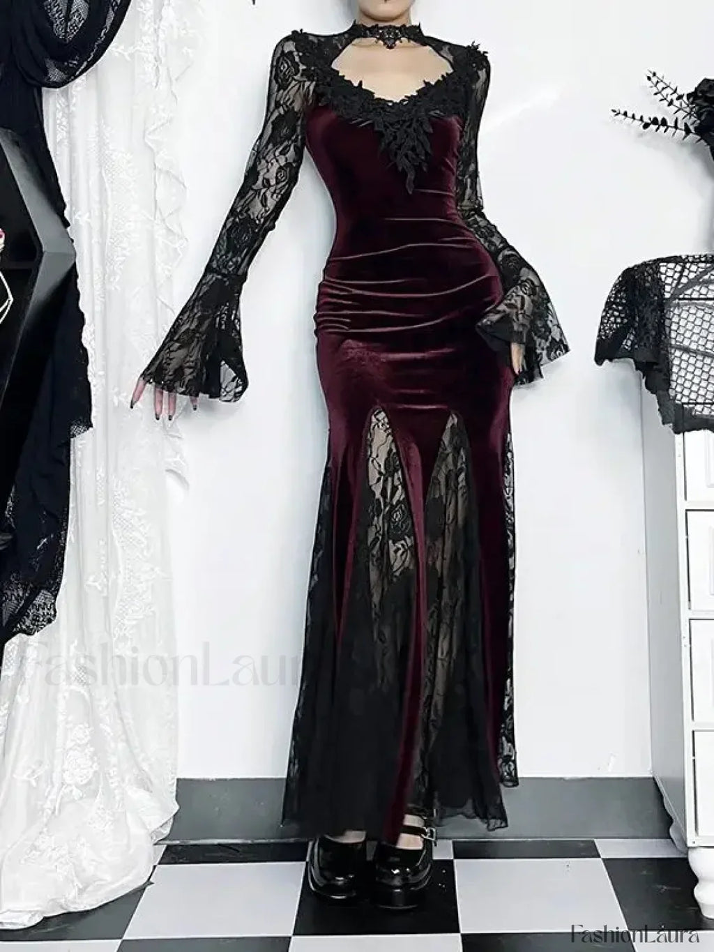 Gothic Mermaid Bodycon Long Maxi Fishtail Sleeve Lace Cocktail Ruched Dress Claret / S