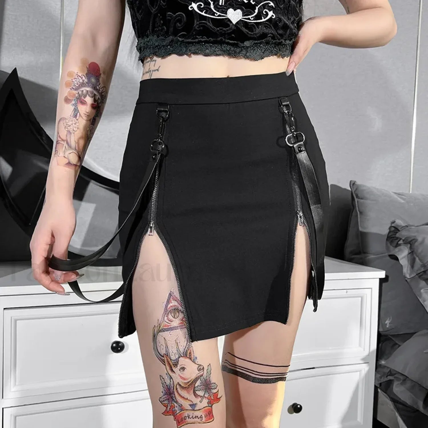 Gothic Mini Strap Women Pencil Black Split Zip Waist E girl Sexy Grunge High Skirt