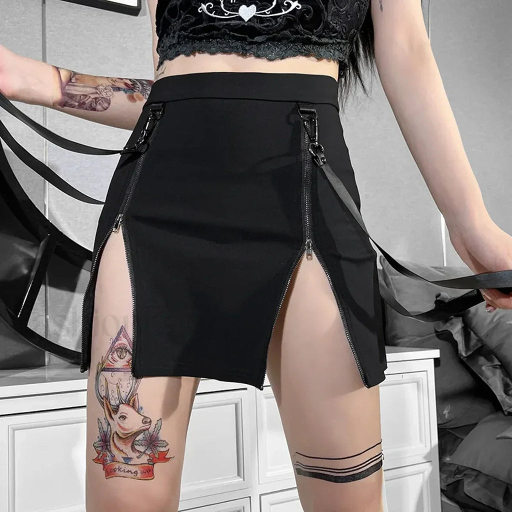 Gothic Mini Strap Women Pencil Black Split Zip Waist E girl Sexy Grunge High Skirt