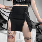 Gothic Mini Strap Women Pencil Black Split Zip Waist E girl Sexy Grunge High Skirt