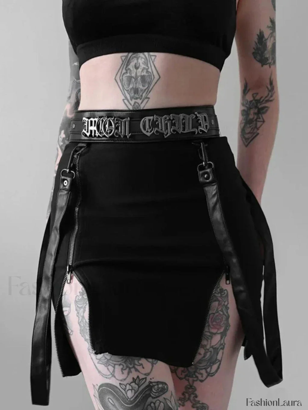 Gothic Mini Strap Women Pencil Black Split Zip Waist E girl Sexy Grunge High Skirt