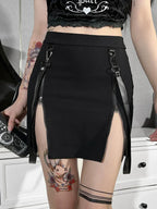 Gothic Mini Strap Women Pencil Black Split Zip Waist E girl Sexy Grunge High Skirt Black / S