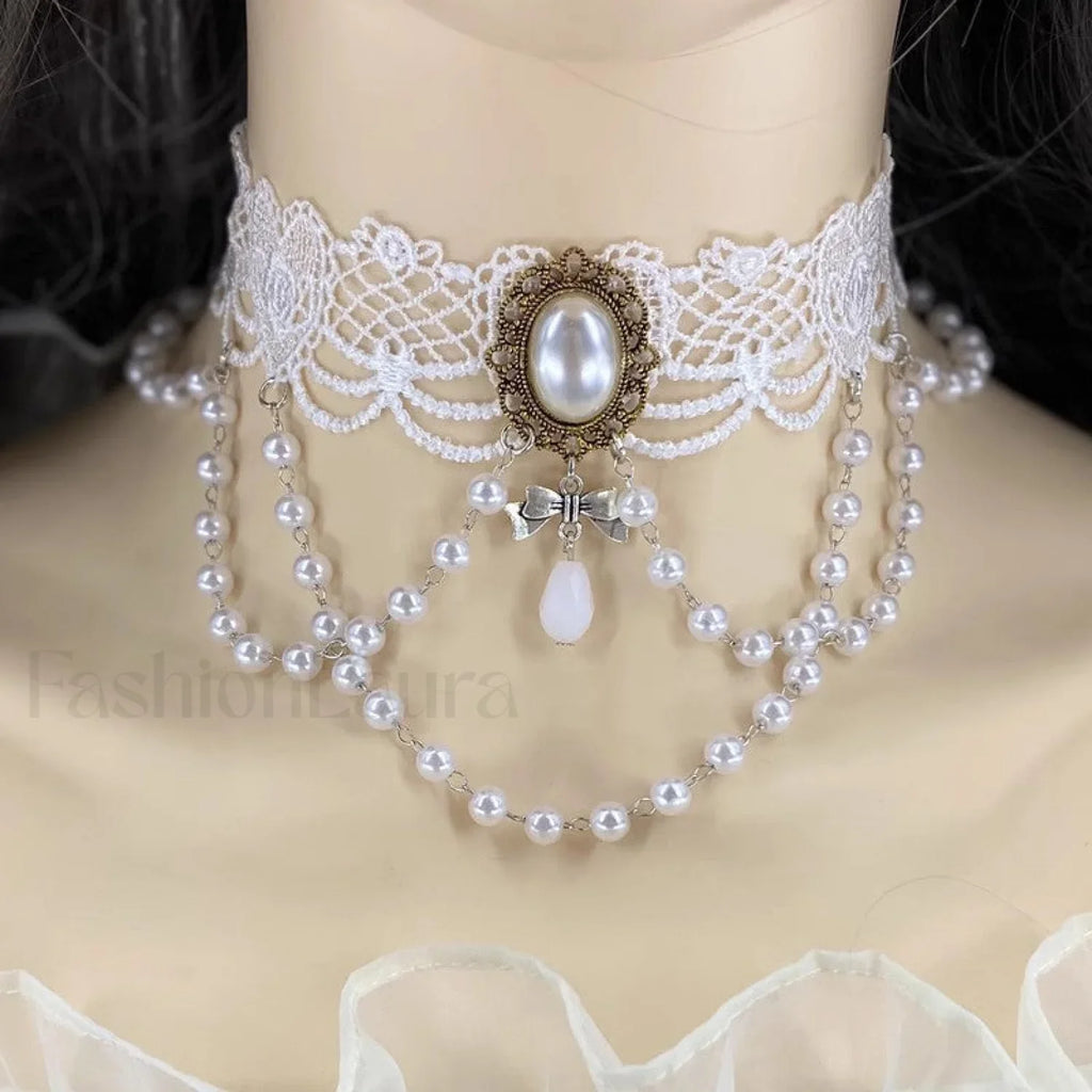 Gothic Retro Black Lace Tassel Collar Choker Necklace WHITE