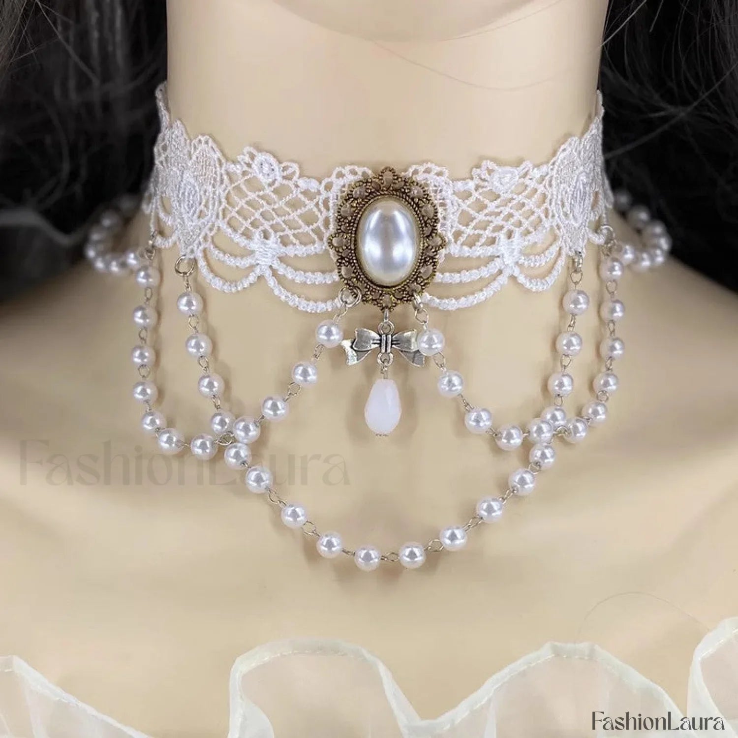 Gothic Retro Black Lace Tassel Collar Choker Necklace WHITE