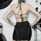 Gothic Sexy Crop Halter Black Strappy Butterfly Shape Backless Top Black / One Size