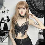 Gothic Sexy Crop Halter Black Strappy Butterfly Shape Backless Top Black / One Size
