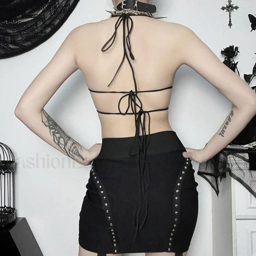 Gothic Sexy Crop Halter Black Strappy Butterfly Shape Backless Top Black / One Size