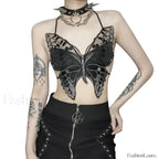 Gothic Sexy Crop Halter Black Strappy Butterfly Shape Backless Top Black / One Size