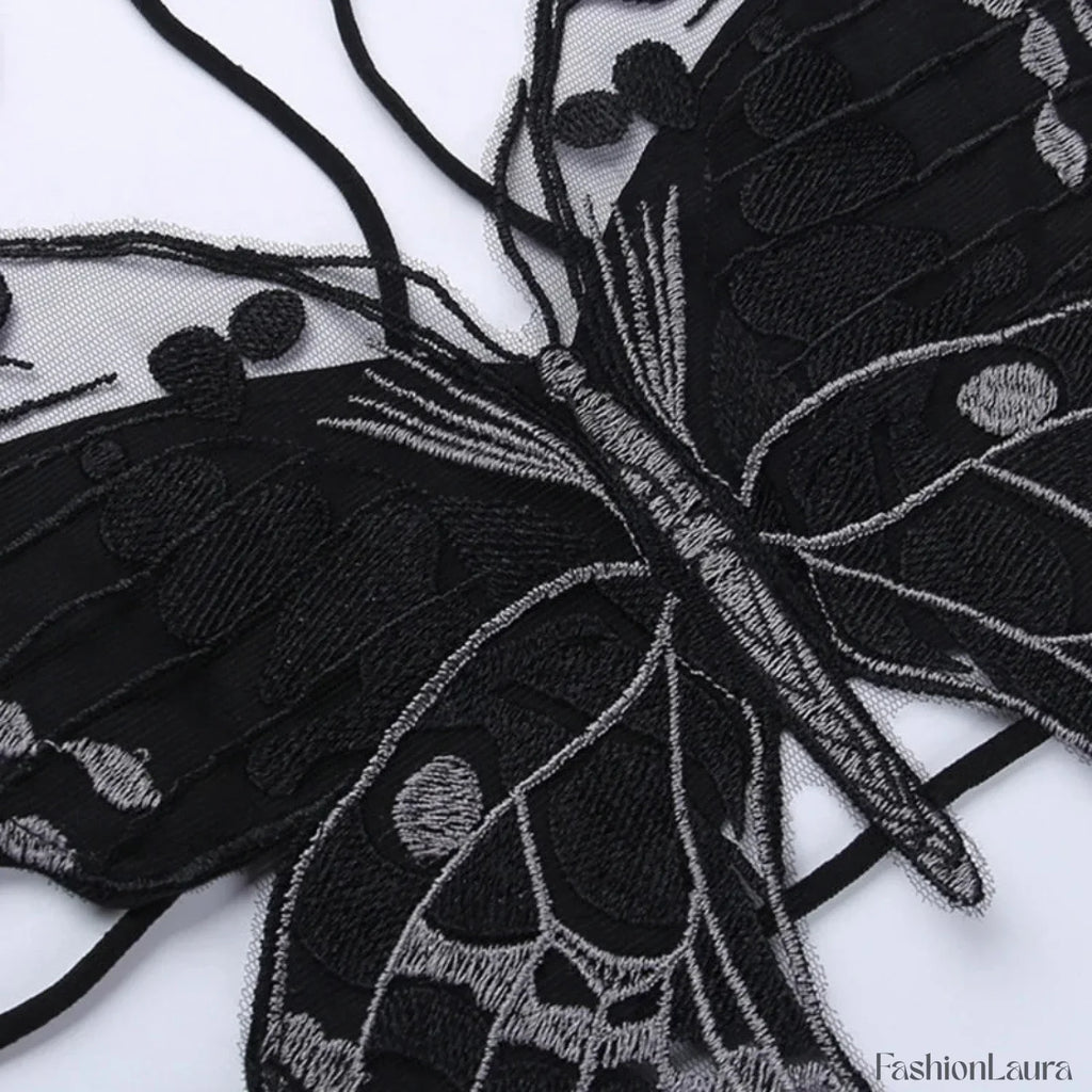 Gothic Sexy Crop Halter Black Strappy Butterfly Shape Backless Top Black / One Size
