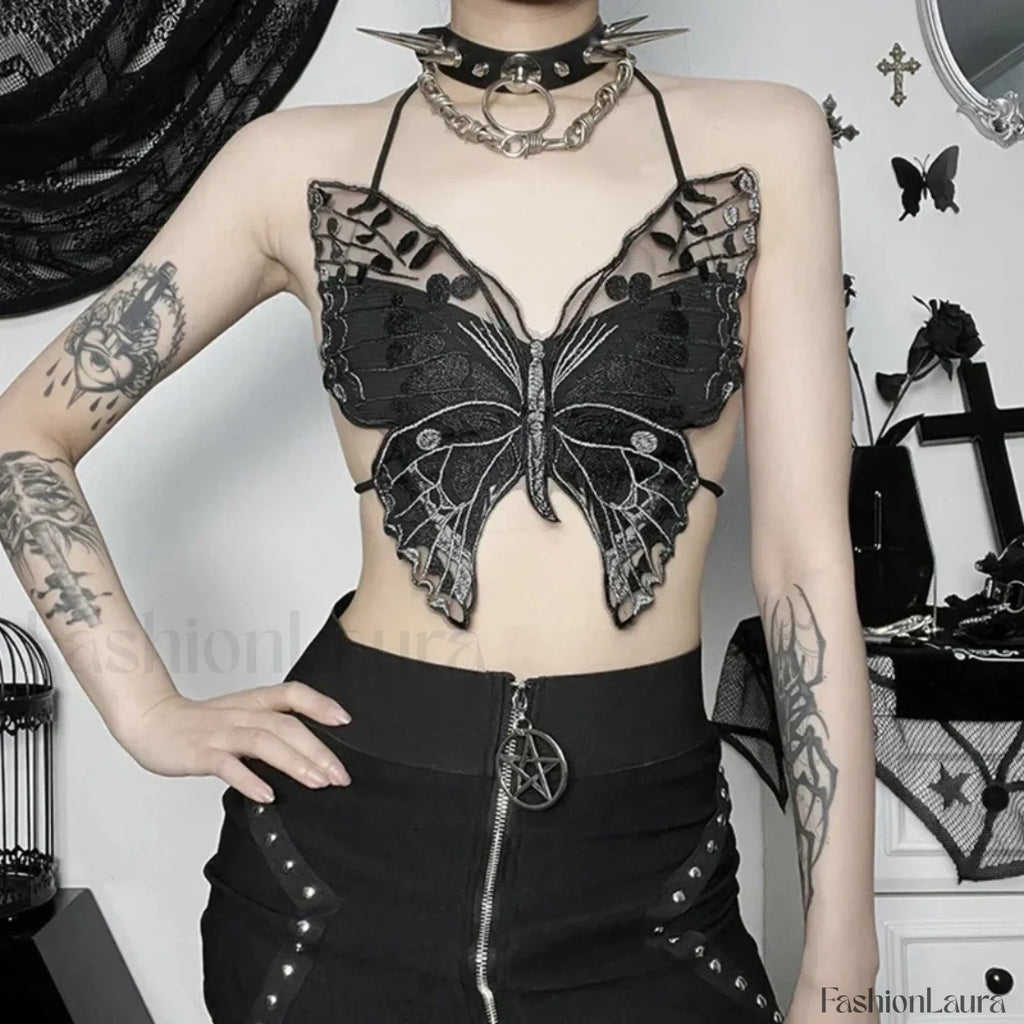 Gothic Sexy Crop Halter Black Strappy Butterfly Shape Backless Top Black / One Size