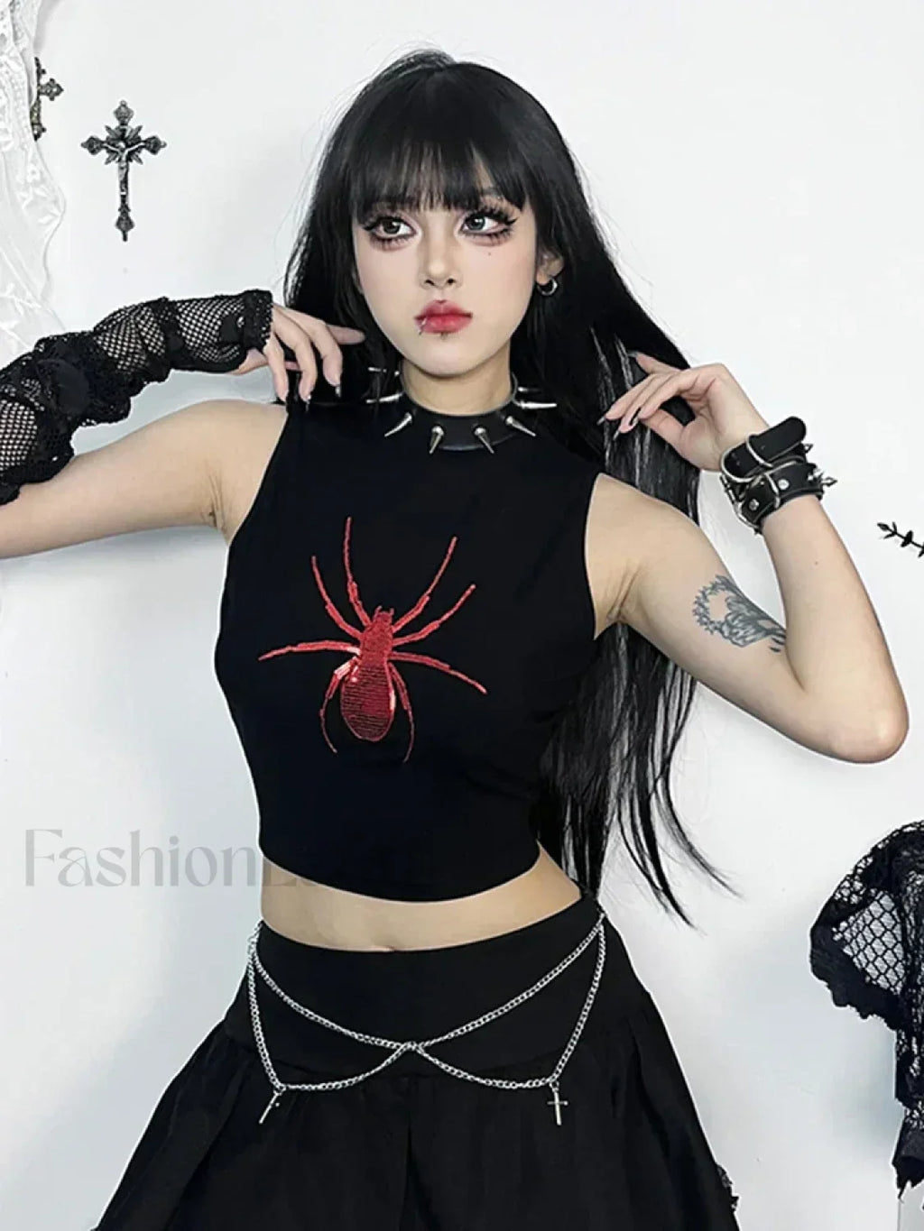 Gothic Sleeveless Print Punk Crop Alt Spider Graphic Top Black / S