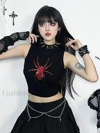 Gothic Sleeveless Print Punk Crop Alt Spider Graphic Top Black / S