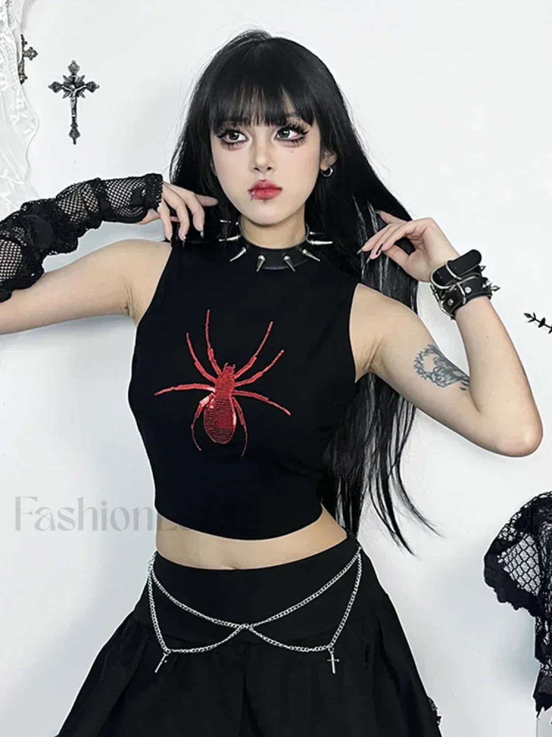 Gothic Sleeveless Print Punk Crop Alt Spider Graphic Top Black / S