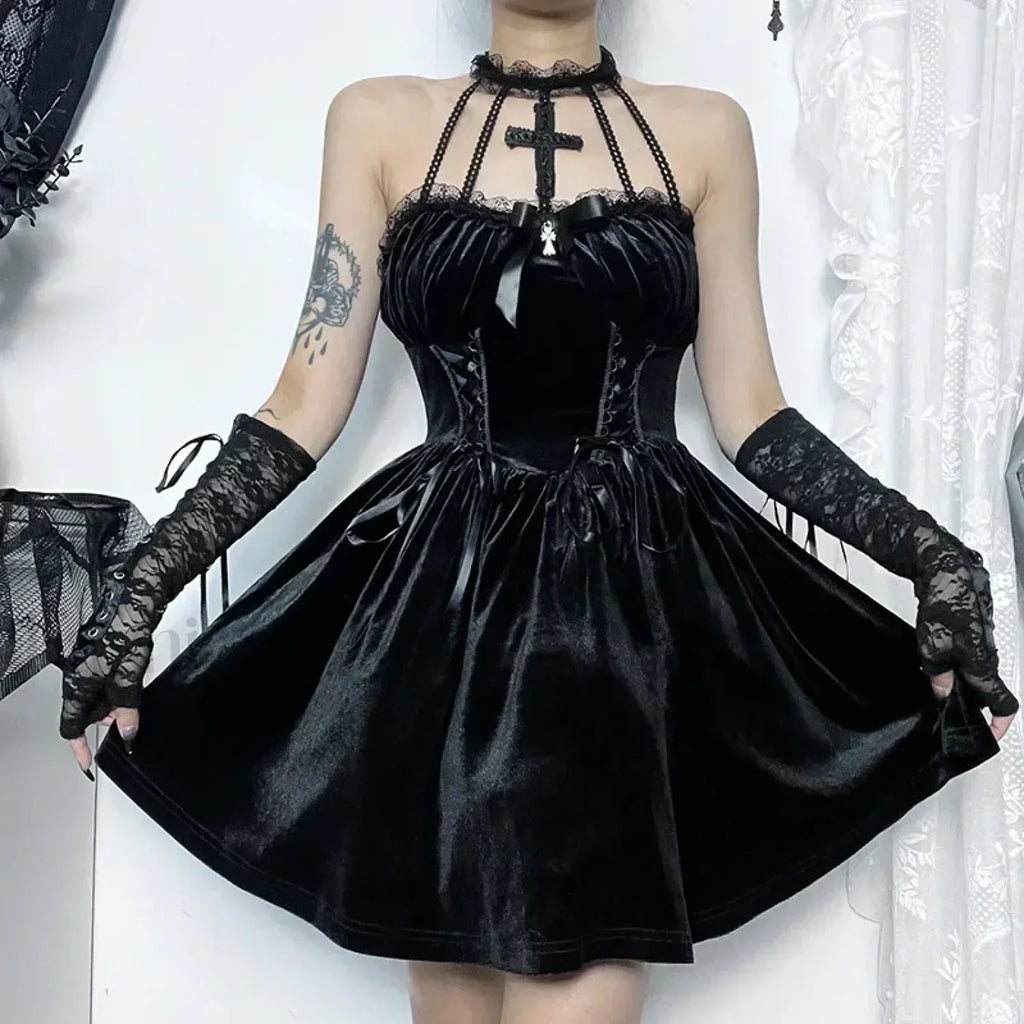 Gothic Velvet Halter Dress Vintage Draped Lace Sleeveless Bodycon Backless A Line Cocktail Party Dress