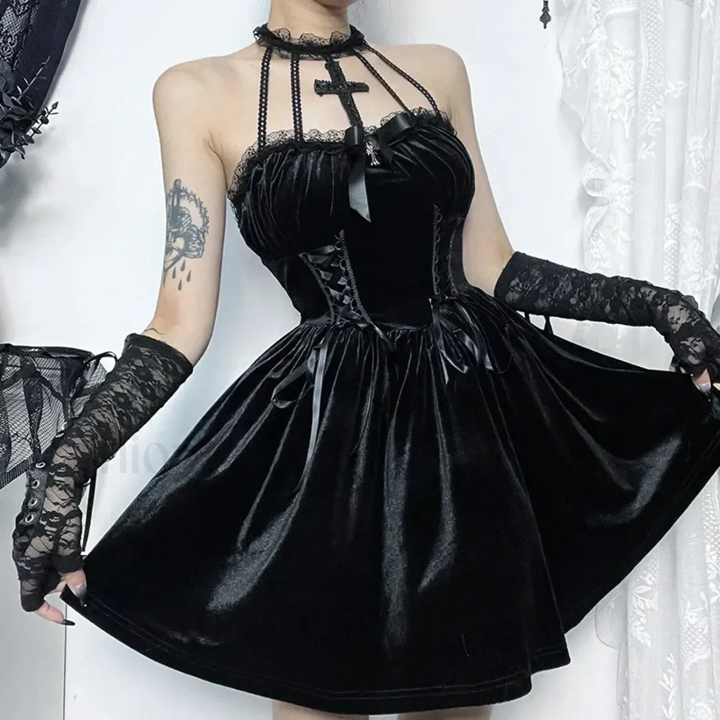 Gothic Velvet Halter Dress Vintage Draped Lace Sleeveless Bodycon Backless A Line Cocktail Party Dress
