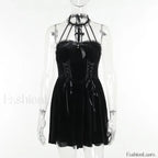 Gothic Velvet Halter Dress Vintage Draped Lace Sleeveless Bodycon Backless A Line Cocktail Party Dress Black / S