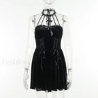 Gothic Velvet Halter Dress Vintage Draped Lace Sleeveless Bodycon Backless A Line Cocktail Party Dress Black / S