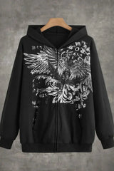 Gothic Wing Print Zip Up Hoodie Black / S