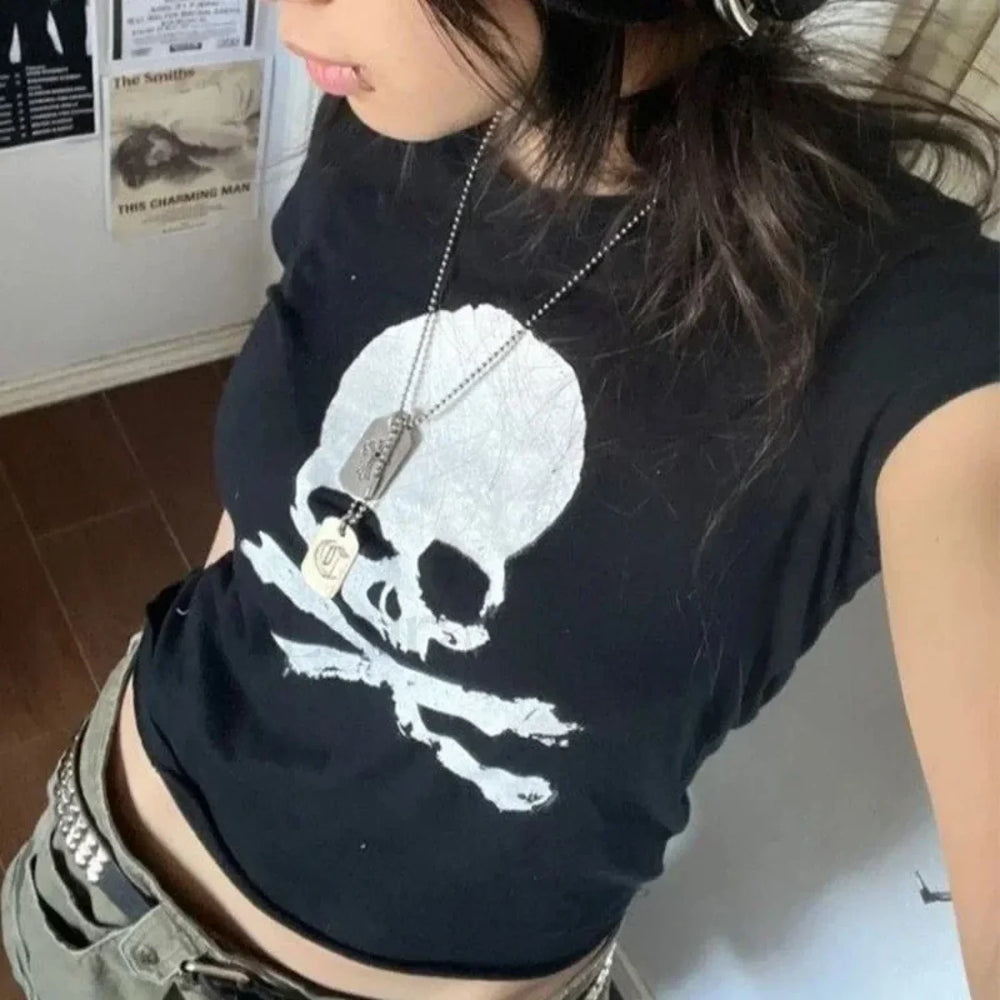 Gothic Y2k Aesthetic Skull Print T Shirt