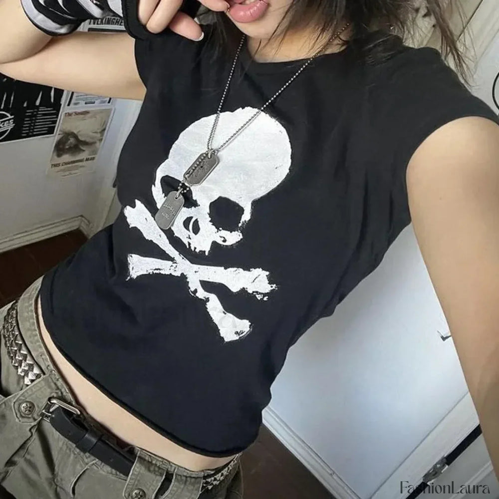 Gothic Y2k Aesthetic Skull Print T Shirt Black / S
