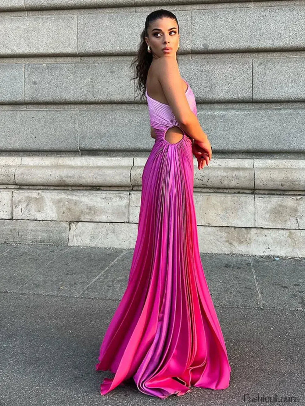 Gradient Pleated Shoulder Maxi Dress