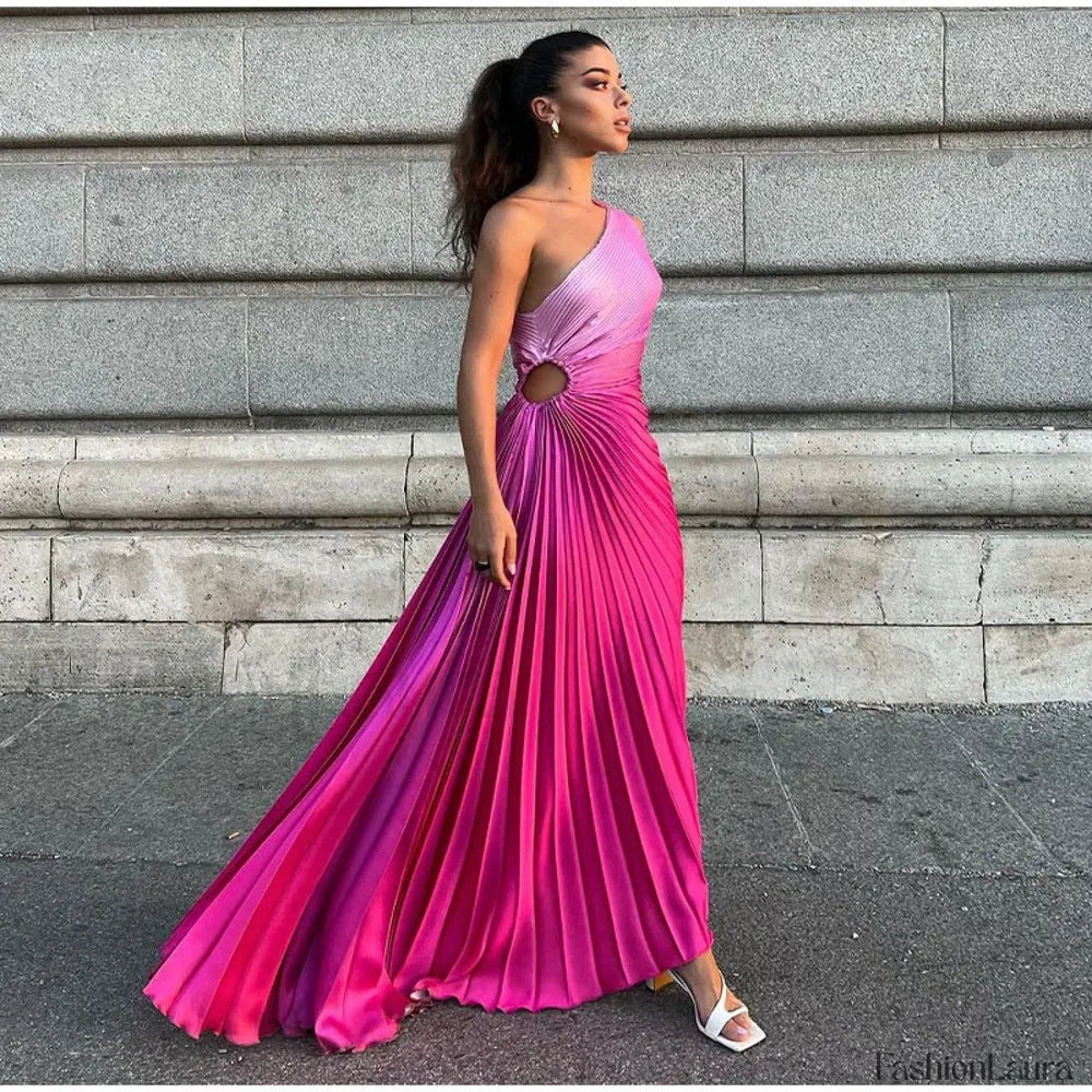 Gradient Pleated Shoulder Maxi Dress