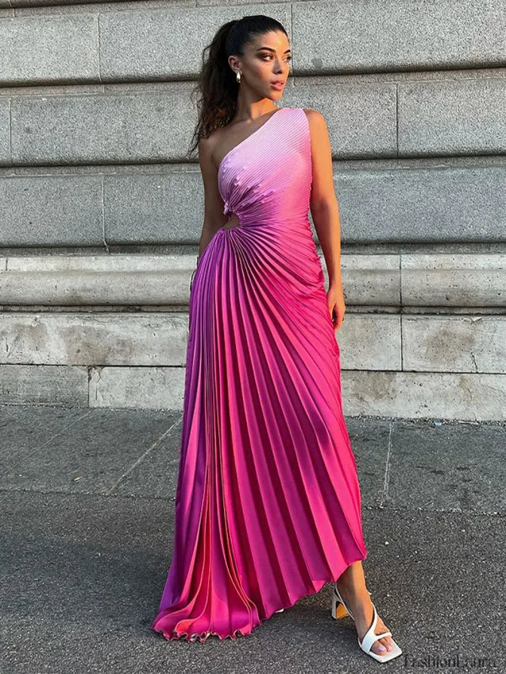 Gradient Pleated Shoulder Maxi Dress