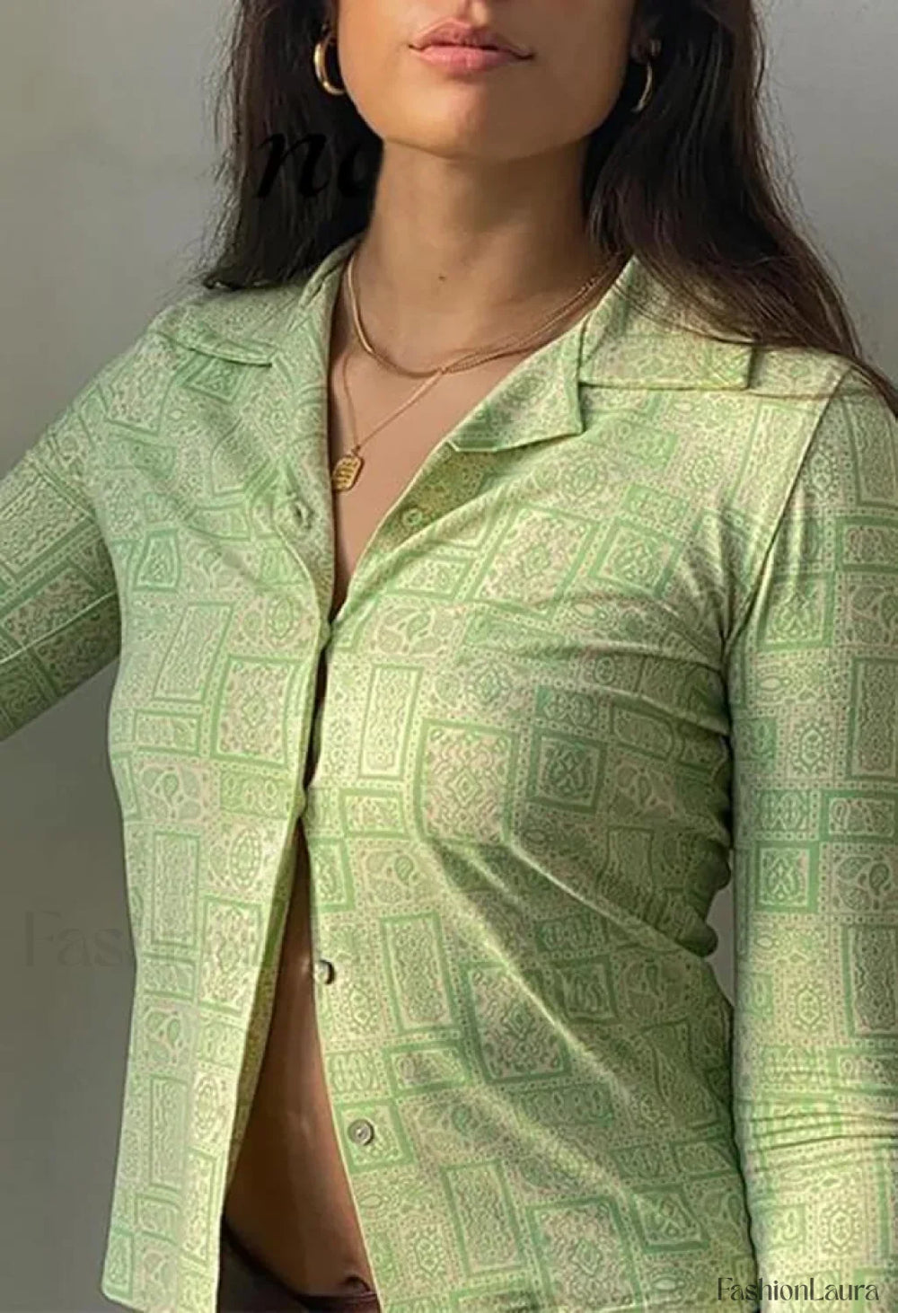Green Lapel Print Button Blouse Shirts