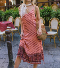 Green Side Slit Rayon Boho Dress Red / S