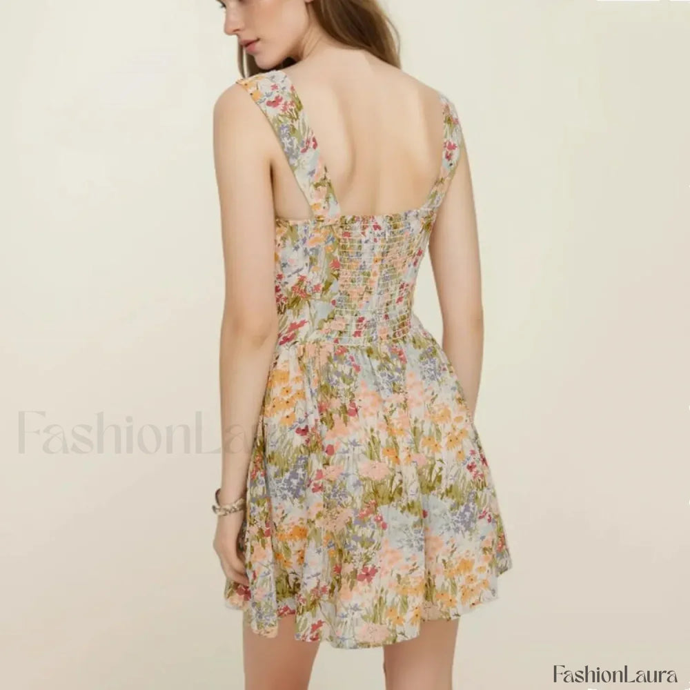 Green V Neck A Line Floral Dress