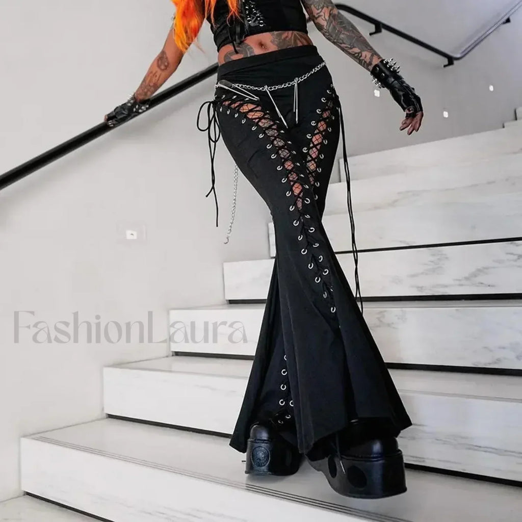 Grunge Streetwear Black Bandage Pants with Hollow Flare Design