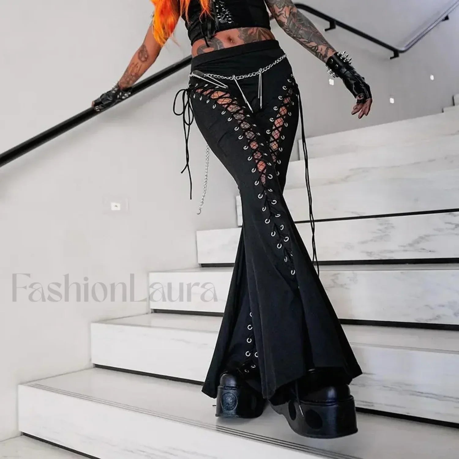 Grunge Streetwear Black Bandage Pants with Hollow Flare Design