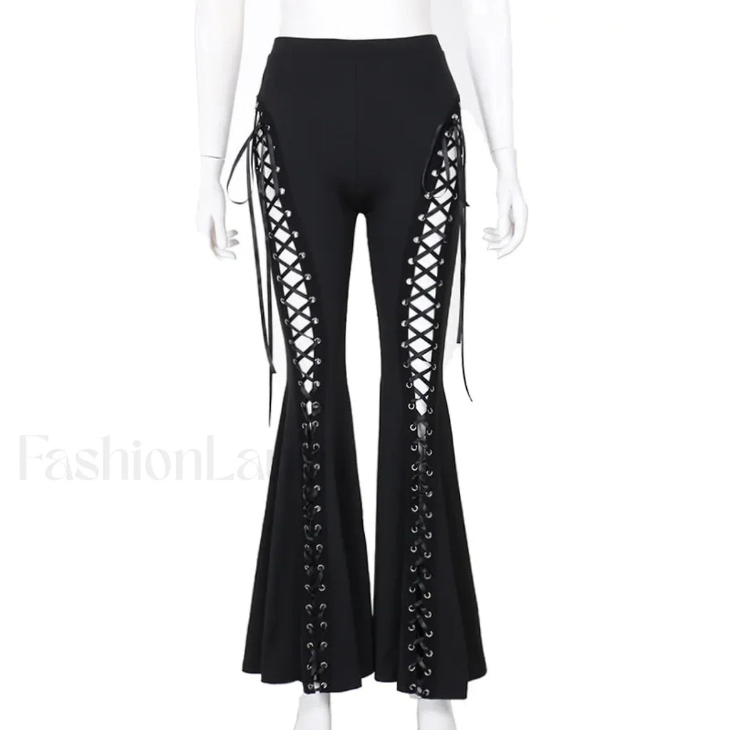 Grunge Streetwear Black Bandage Pants with Hollow Flare Design Black / S