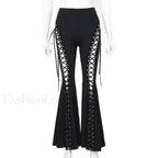 Grunge Streetwear Black Bandage Pants with Hollow Flare Design Black / S