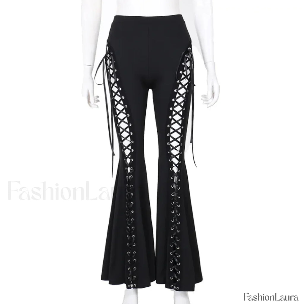 Grunge Streetwear Black Bandage Pants with Hollow Flare Design Black / S