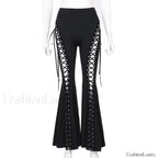 Grunge Streetwear Black Bandage Pants with Hollow Flare Design Black / S