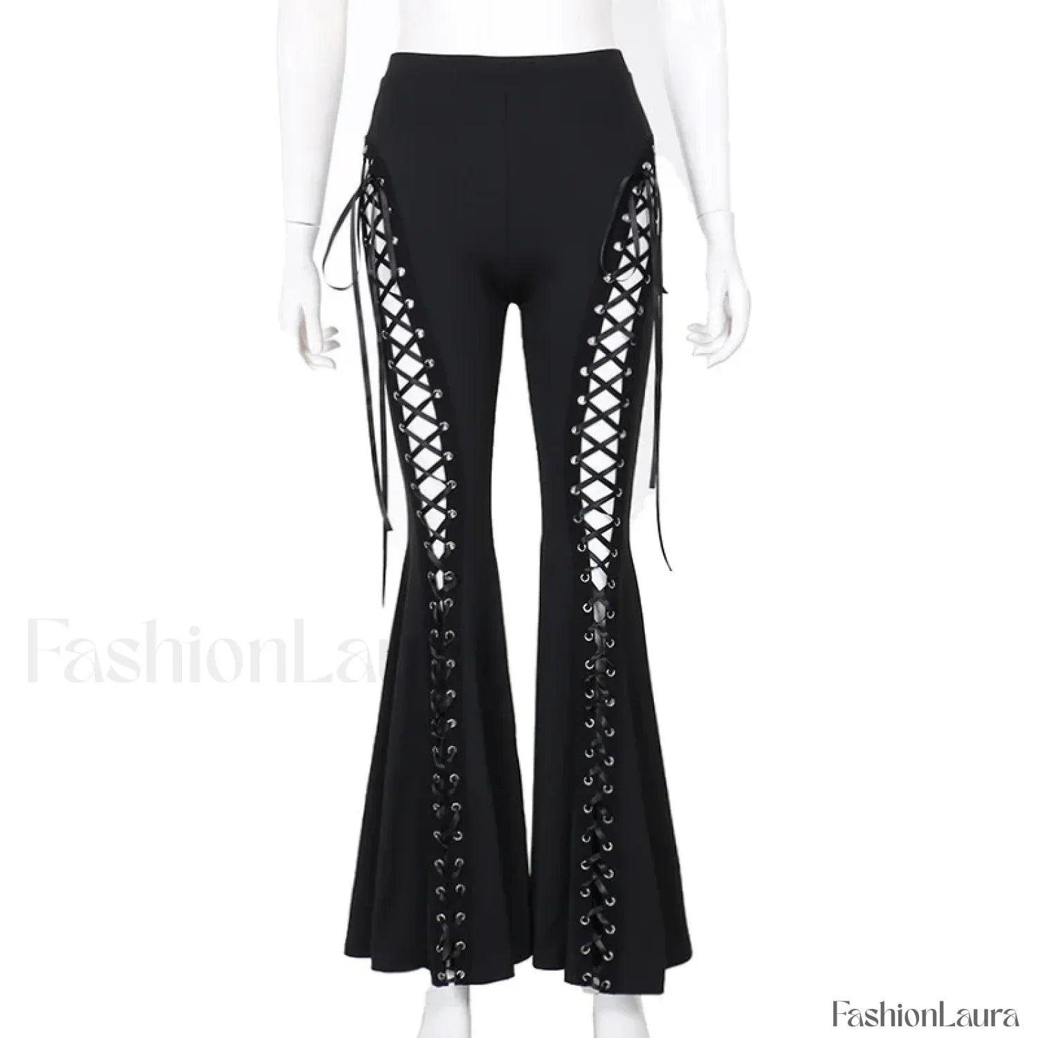 Grunge Streetwear Black Bandage Pants with Hollow Flare Design Black / S