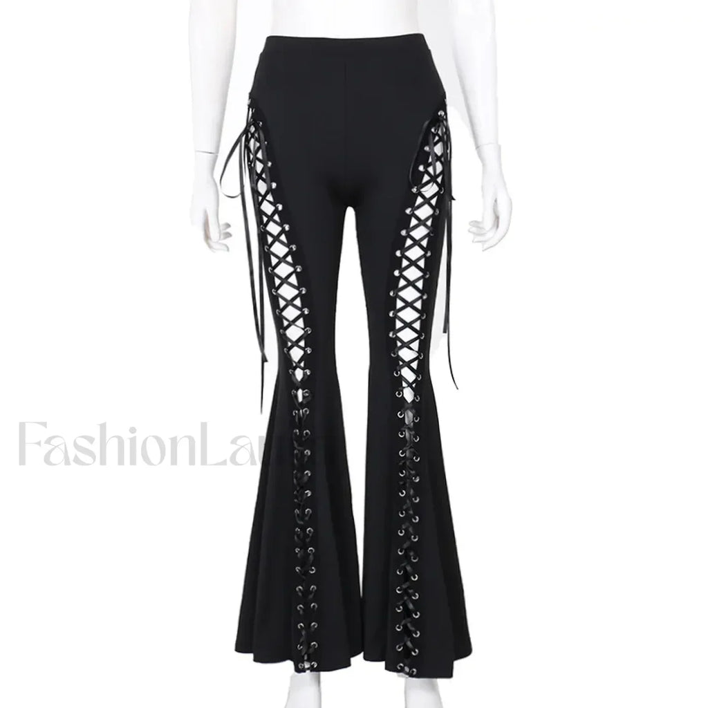 Grunge Streetwear Black Bandage Pants with Hollow Flare Design Black / S
