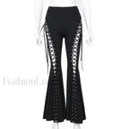 Grunge Streetwear Black Bandage Pants with Hollow Flare Design Black / S