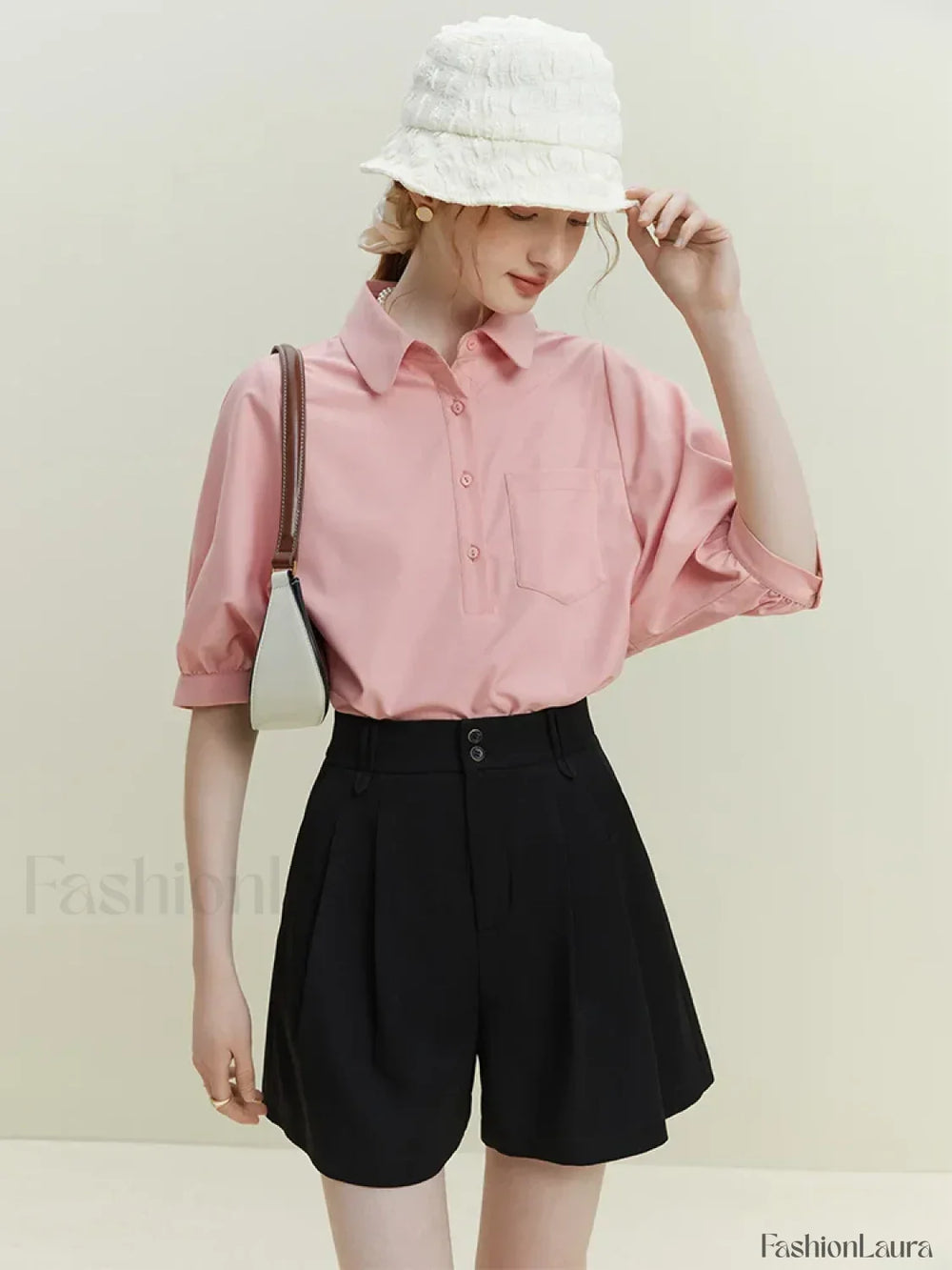 Half Sleeve Polo Neck Pocket Blouse