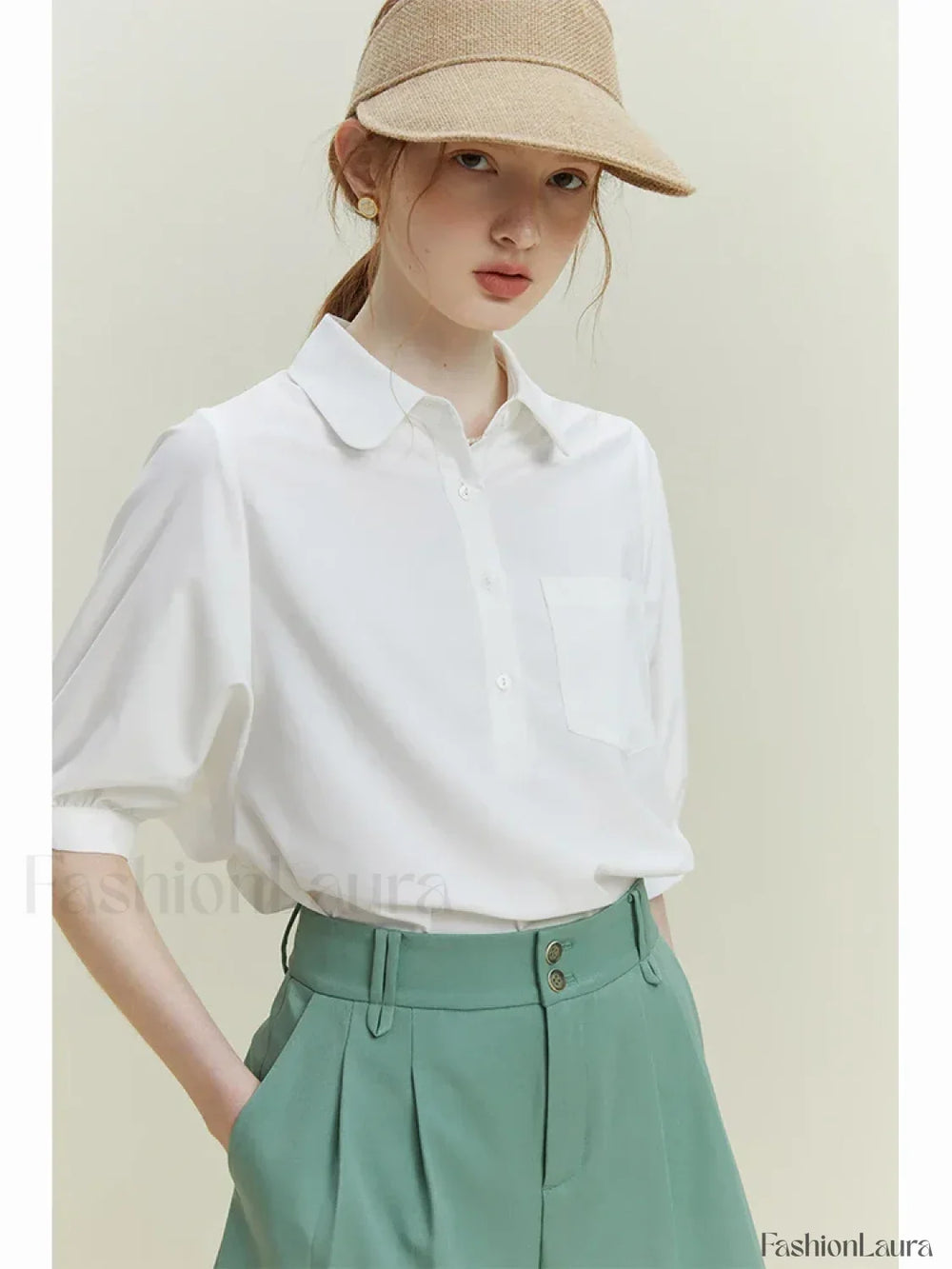 Half Sleeve Polo Neck Pocket Blouse