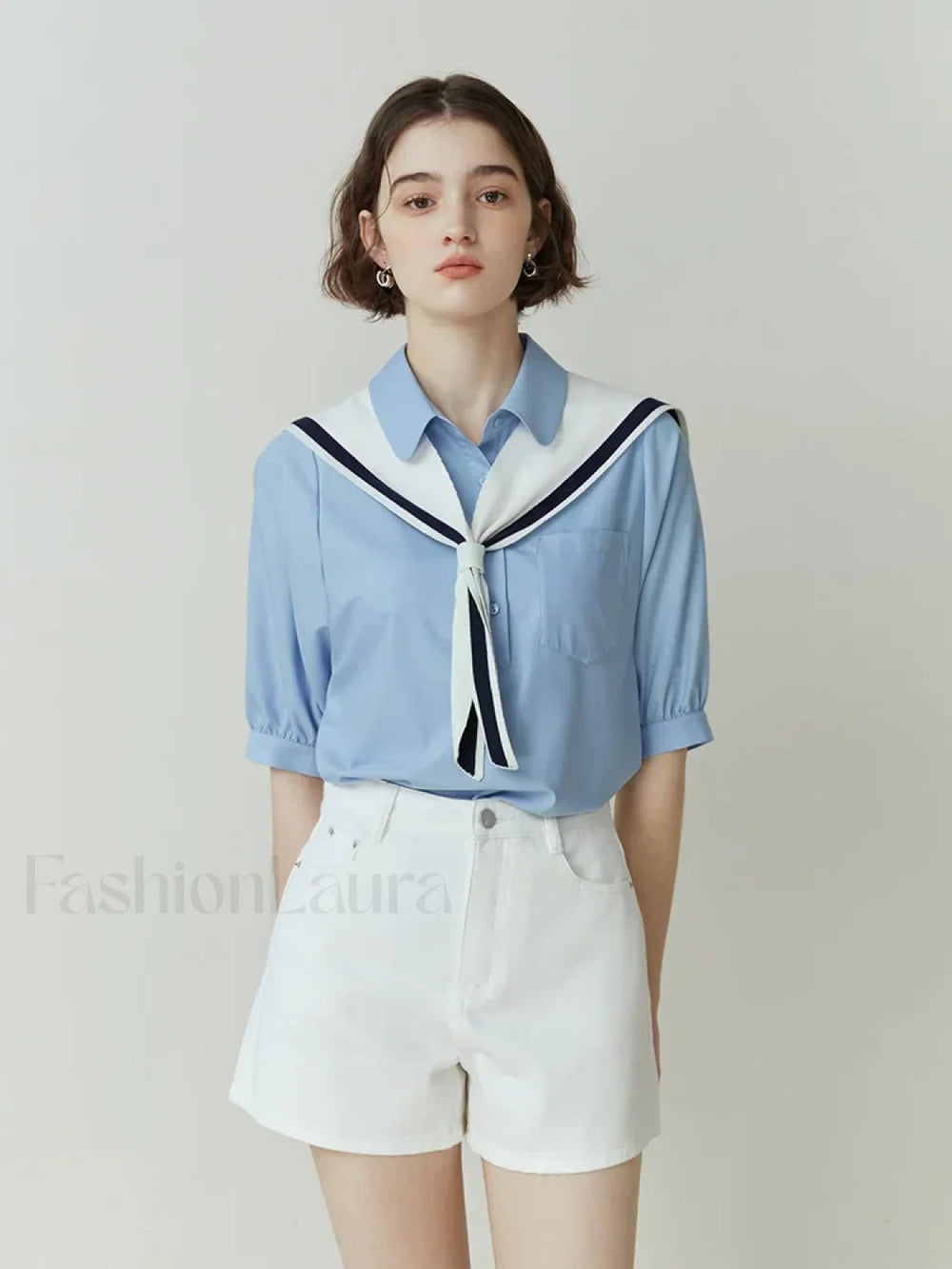 Half Sleeve Polo Neck Pocket Blouse