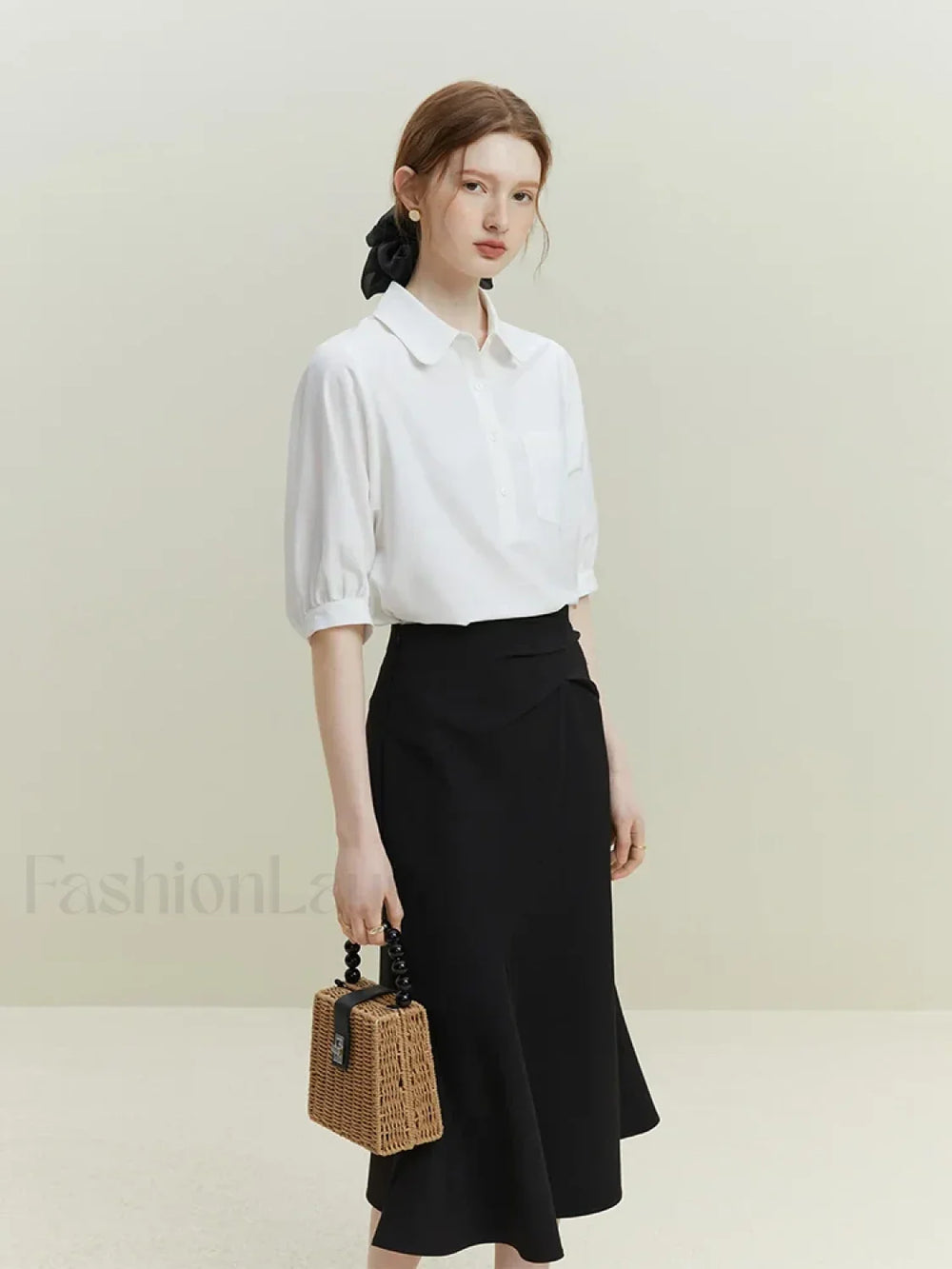 Half Sleeve Polo Neck Pocket Blouse WHITE / S