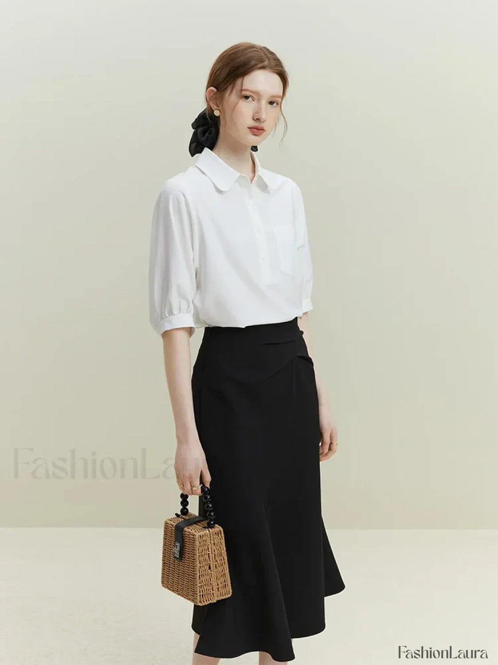 Half Sleeve Polo Neck Pocket Blouse WHITE / S