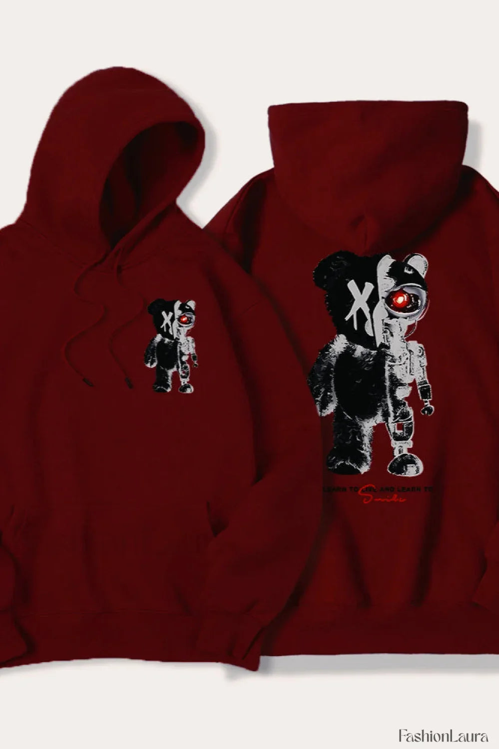 Half Teddy Bear Half Robotic Bear Hoodie Wine Red / S