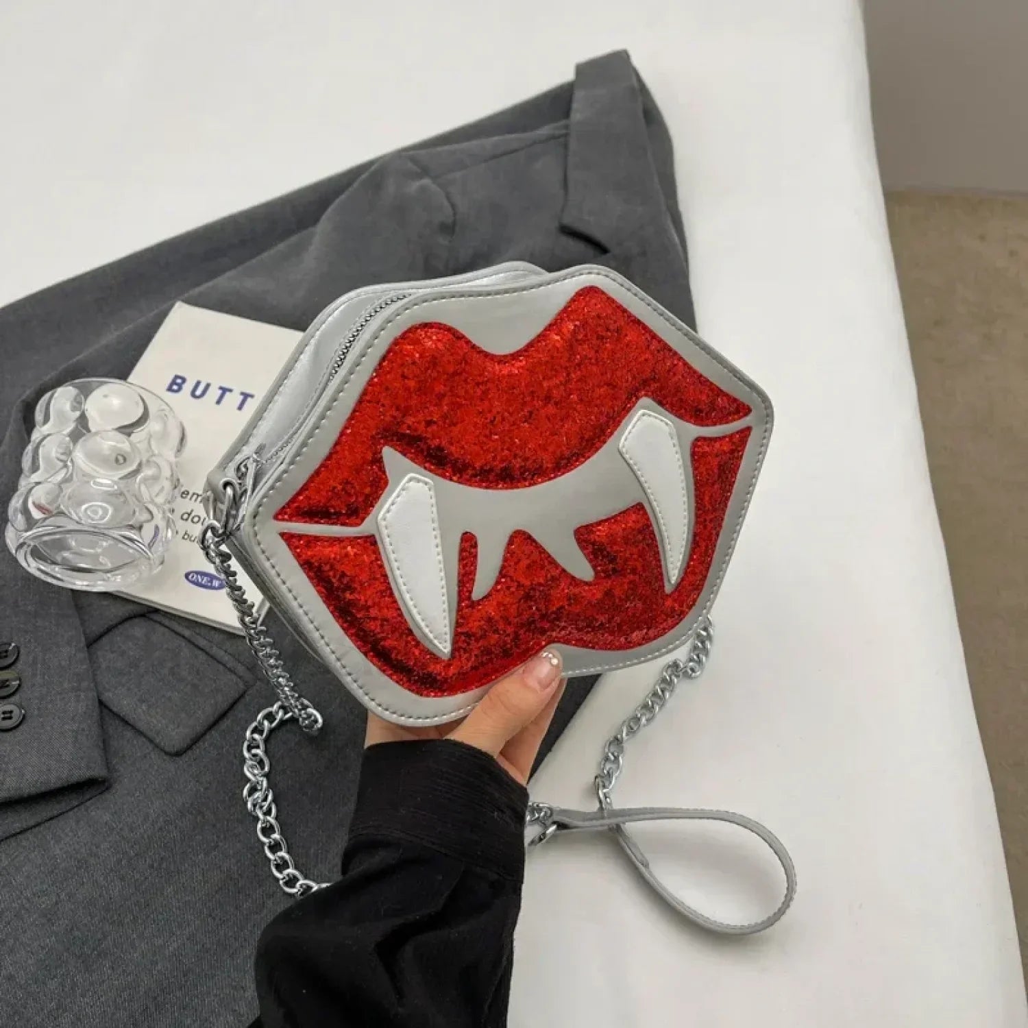 Halloween Sling Red Mouth Party Spooky Festa Bag Silver / (20cm