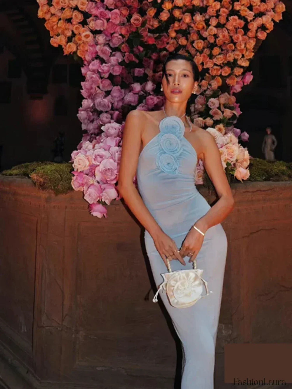 Halter 3D Flower Bodycon Maxi Dress